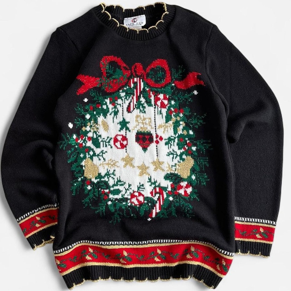 Vintage Cape Cod Sportswear Black Knit Christmas Wreath Holiday Sweater Small